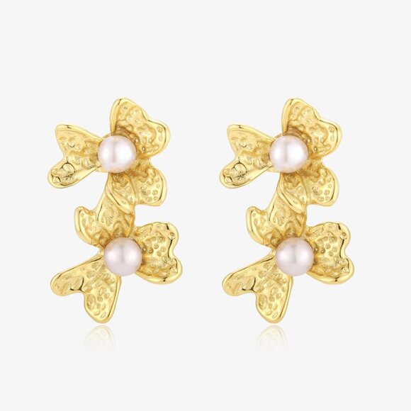Doris Earrings Double Flower Design Fresh Water Pearl Earrings - Picture 2 of 2